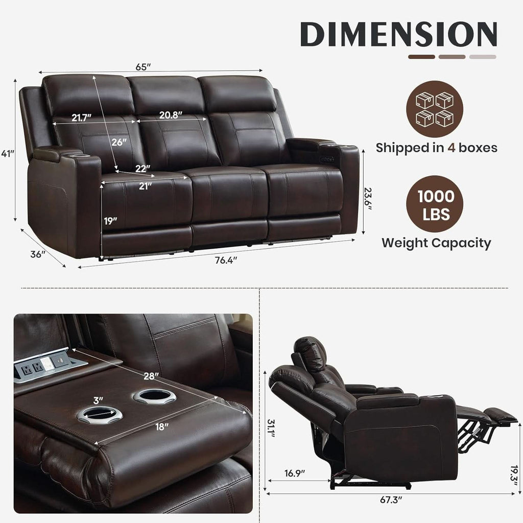 Brown Power Recliner Sofa Featuring Adjustable Headrest