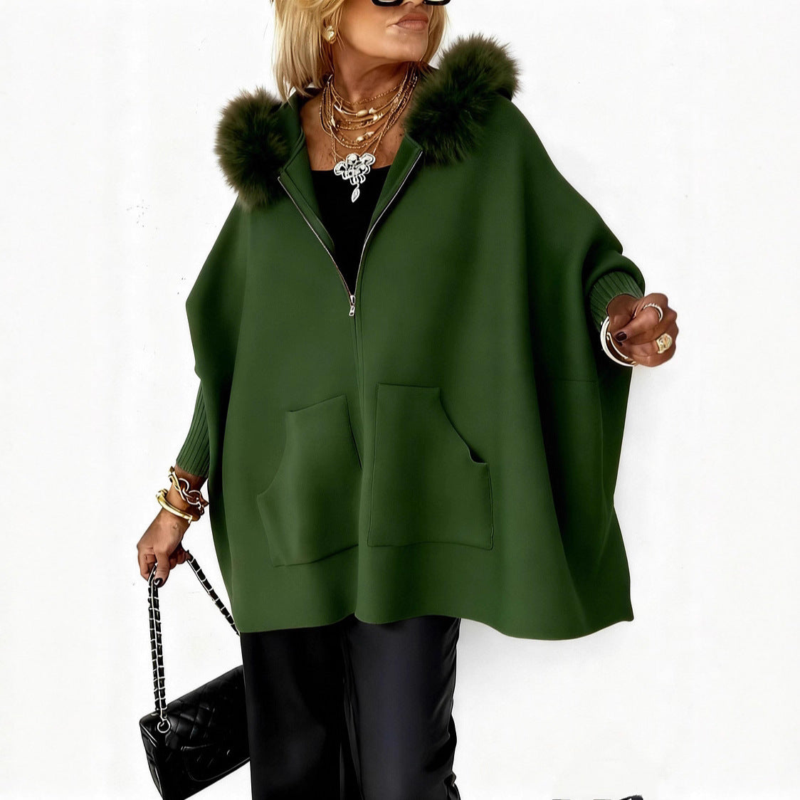 Ins Plush Hooded Cardigan Fashion Warm Pockets Zip-up Knitted Jacket Casual Outerwear Batwing Sleeve Sweater Women's Clothing