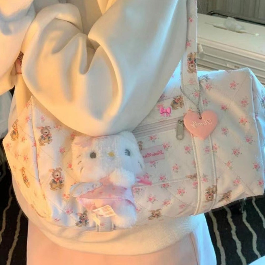 Large capacity tote bag for girls, short trip girl commuter bag, quilted puffy purse floral fabric, student class shoulder tote bag,
