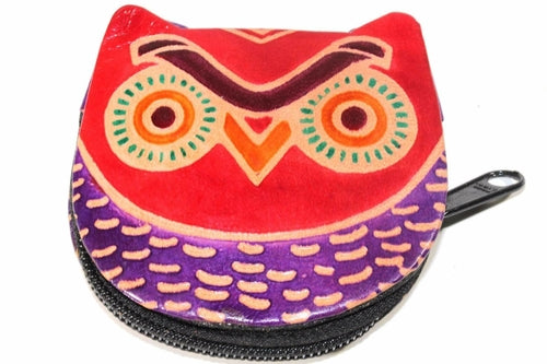 Leather Owl Coin Purse Handcrafted Embossed Compact Wallet