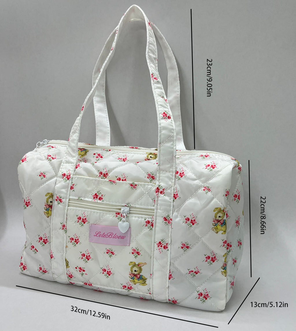 Large capacity tote bag for girls, short trip girl commuter bag, quilted puffy purse floral fabric, student class shoulder tote bag,