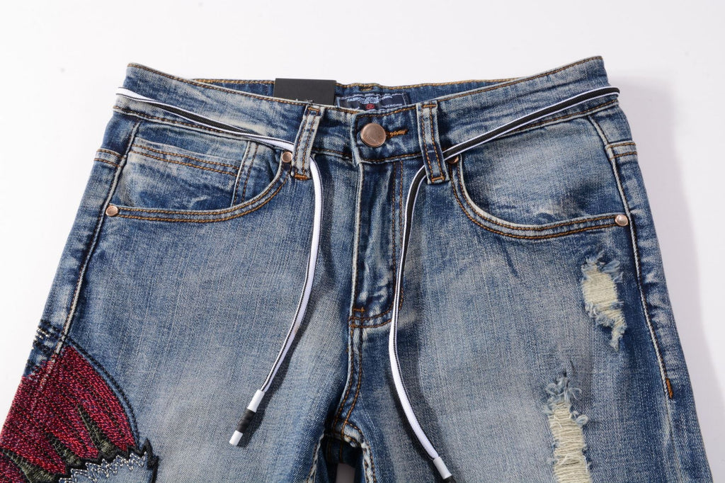 Trendy Urban streetwear Embroidered Frayed Men's Blue Jeans
