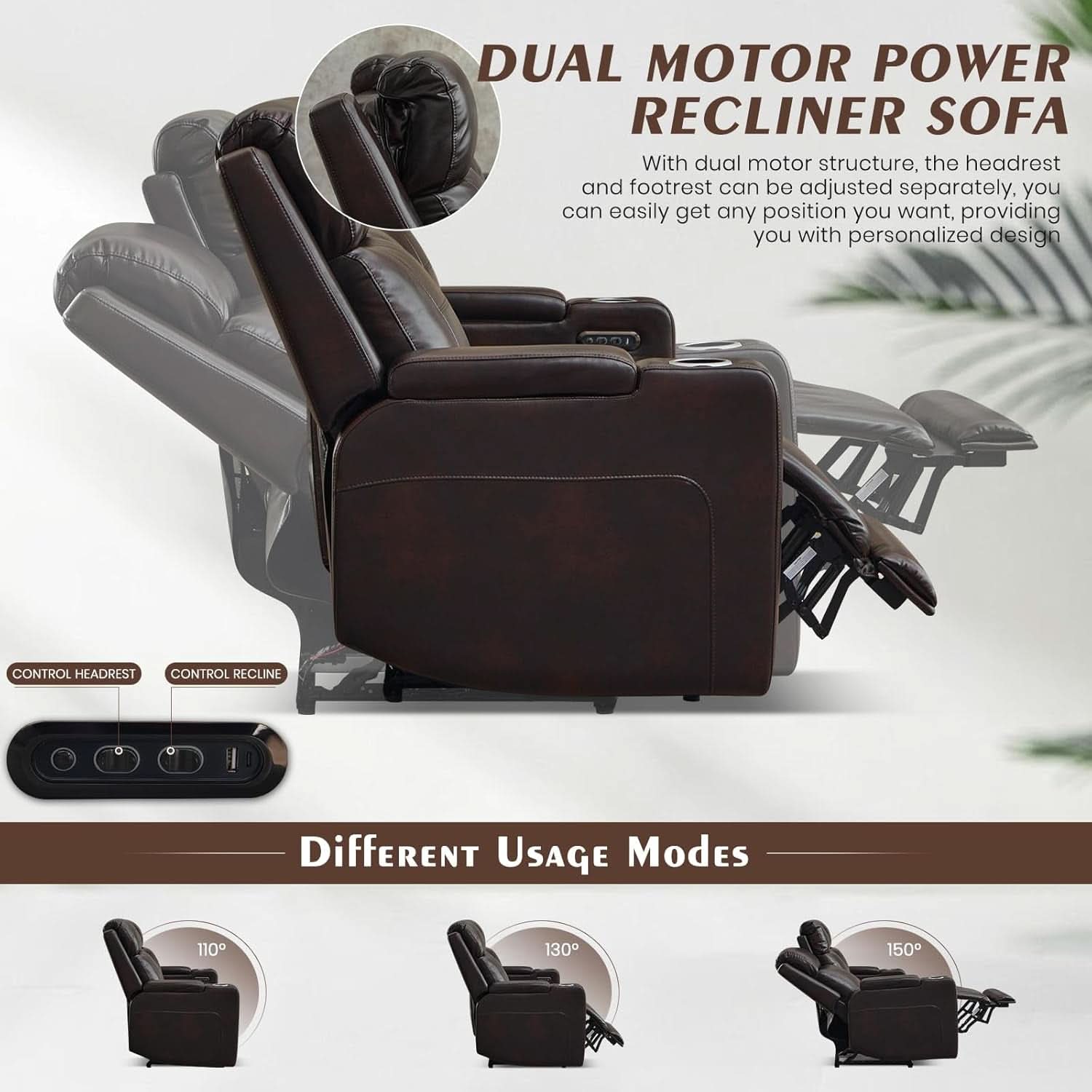 Power Reclining Sofa With Adjustable Headrest Lighting