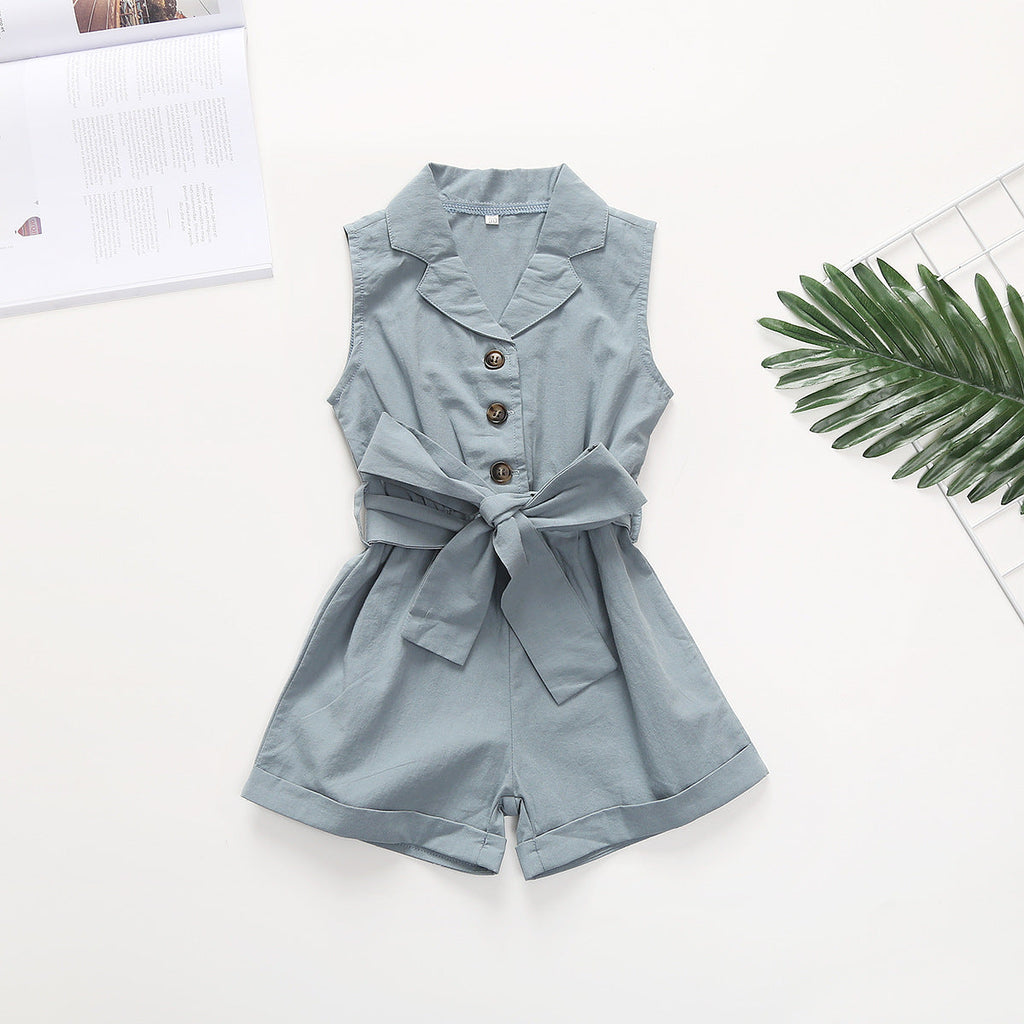 Multicolor Girls' Solid Lapel Sleeveless Single-breasted One-piece Shorts