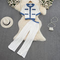 Fashion Two-Piece Set – Elegant Crewneck Single-Breasted Denim Contrast Crop Top + Skirt Suit