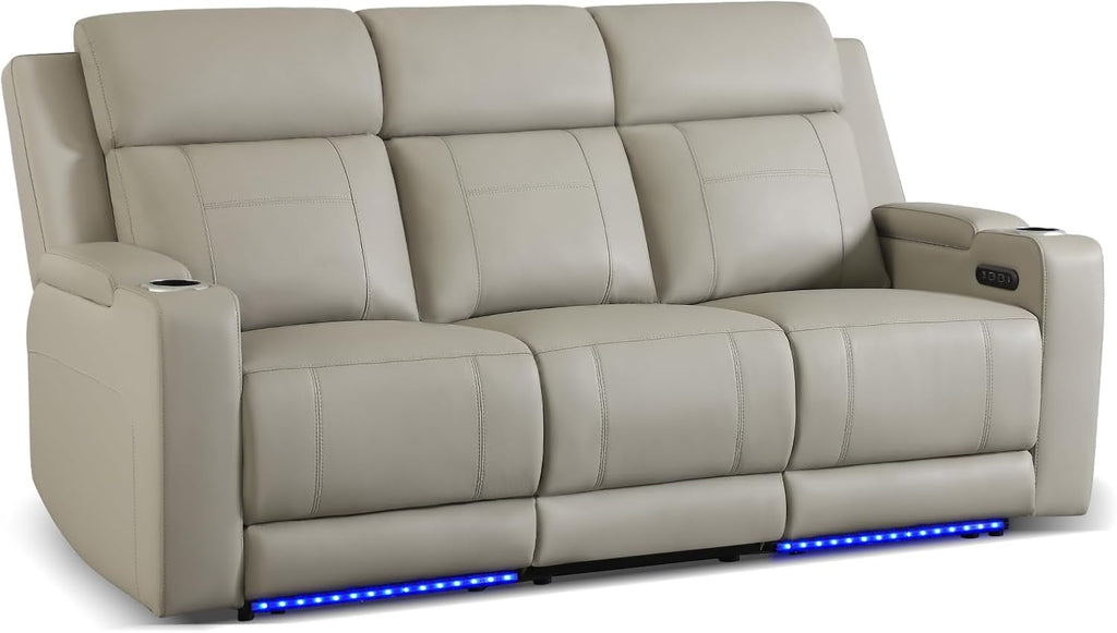 Grey Luxurious Leather Reclining Sofa With Headrest