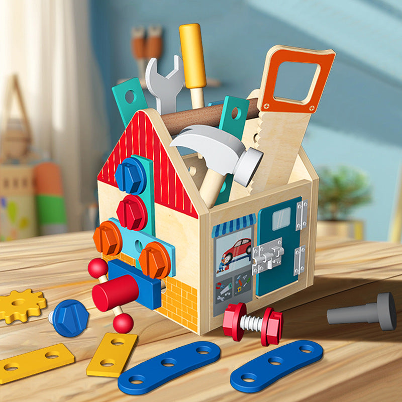 Children's wooden multifunctional toolbox, busy block, screw and nut removal, hand-held tool, blue puzzle toy