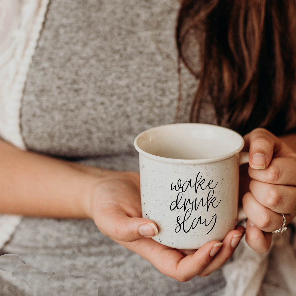 Wake Drink Slay 14.5oz Ceramic Campfire Mug Double-Sided Speckled White Sesame