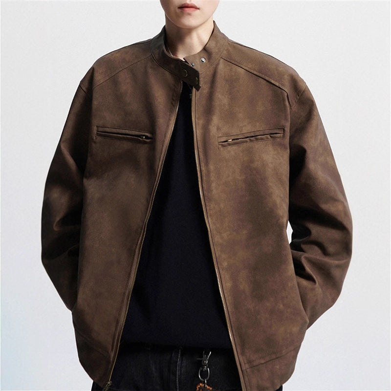 Vintage Brown Motorcycle Leather Autumn Merard Stand-up Collar Distressed Coat