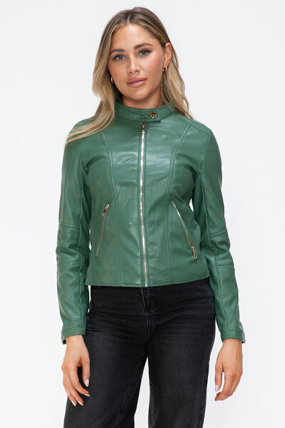 Women Classic Snobbish Faux Leather Zip-Up Drawstring Hooded Jacket Edgy & Casual PU Leather Jacket For Streetwear