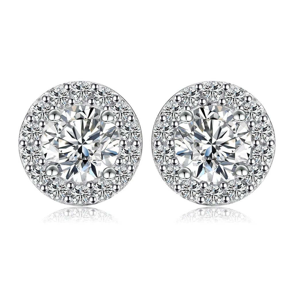1ct Round D-Color Moissanite Halo Stud Earrings 925 Sterling Silver Plated