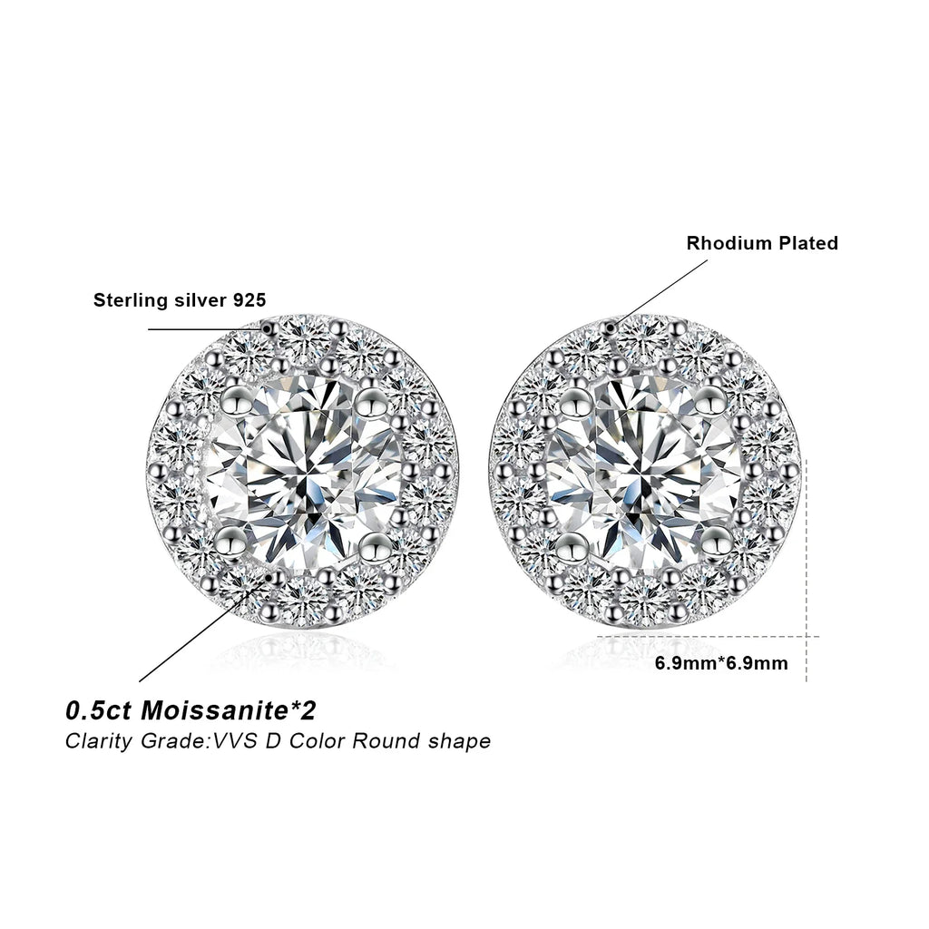 1ct Round D-Color Moissanite Halo Stud Earrings 925 Sterling Silver Plated