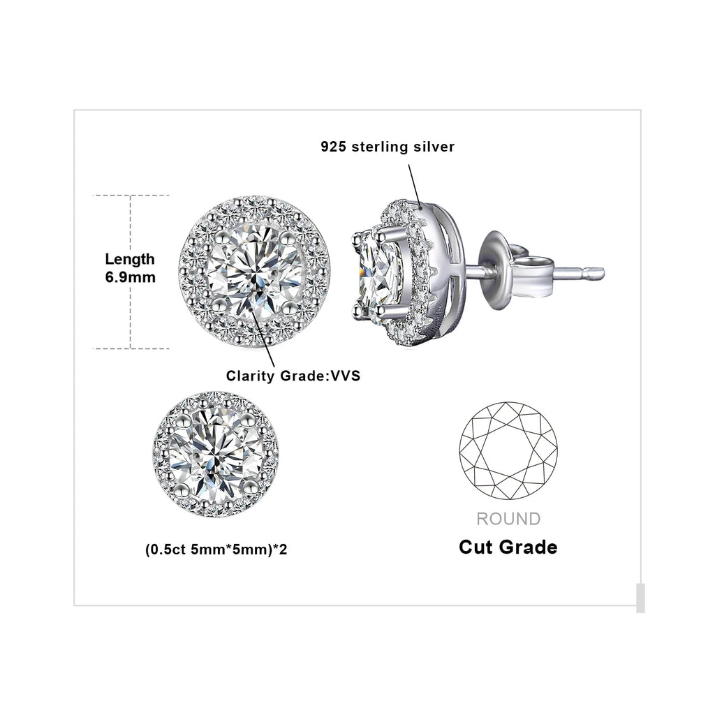1ct Round D-Color Moissanite Halo Stud Earrings 925 Sterling Silver Plated