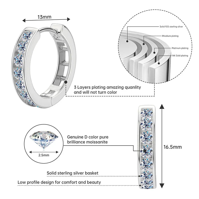 2.5mm Moissanite Hoop Huggie Earrings 925 Sterling Silver Unisex Certified Pair