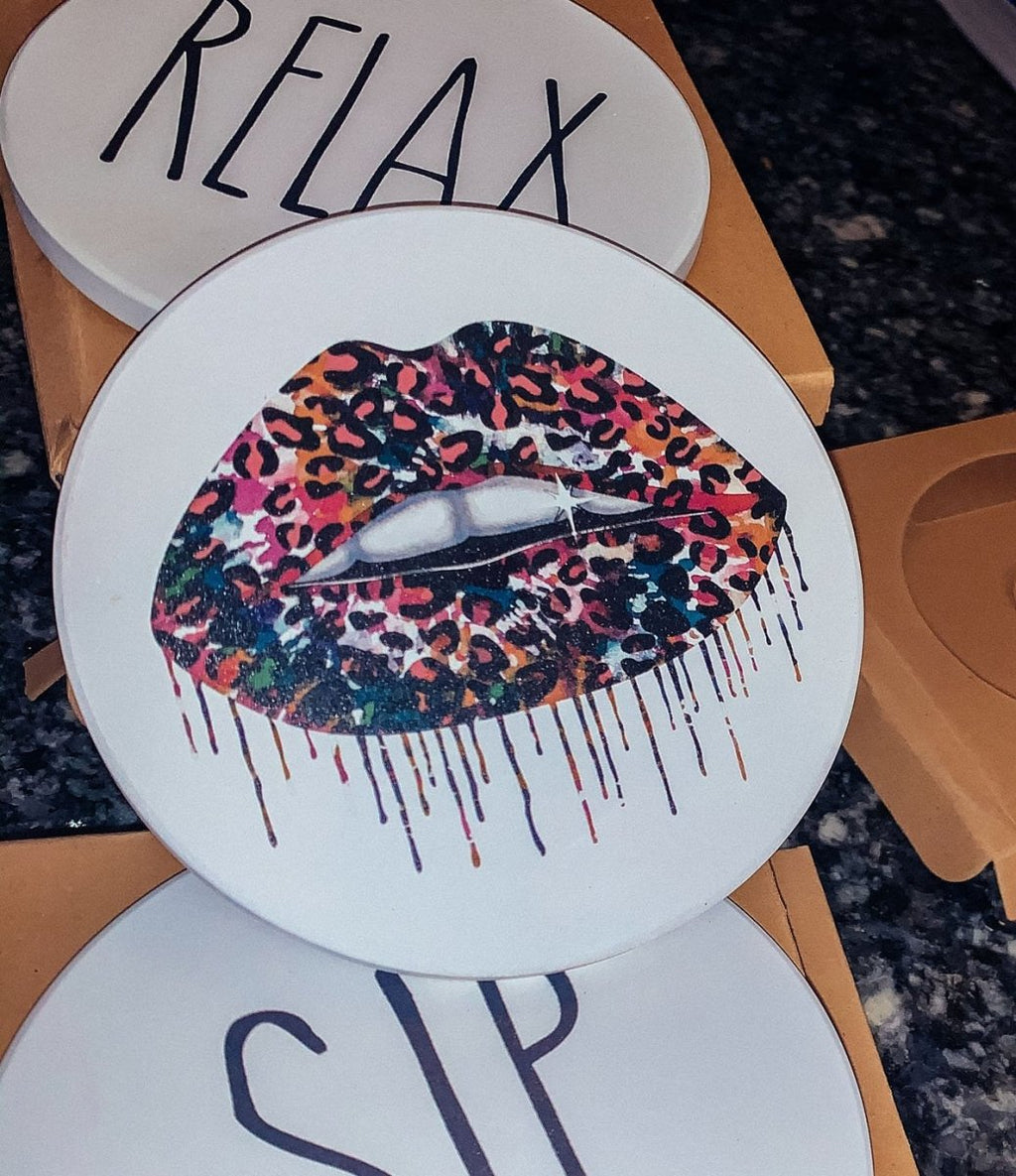 Tie Dye Leopard Lip Coaster Single Drink Coaster Animal Print Vibrant Tie Dye Table Accent