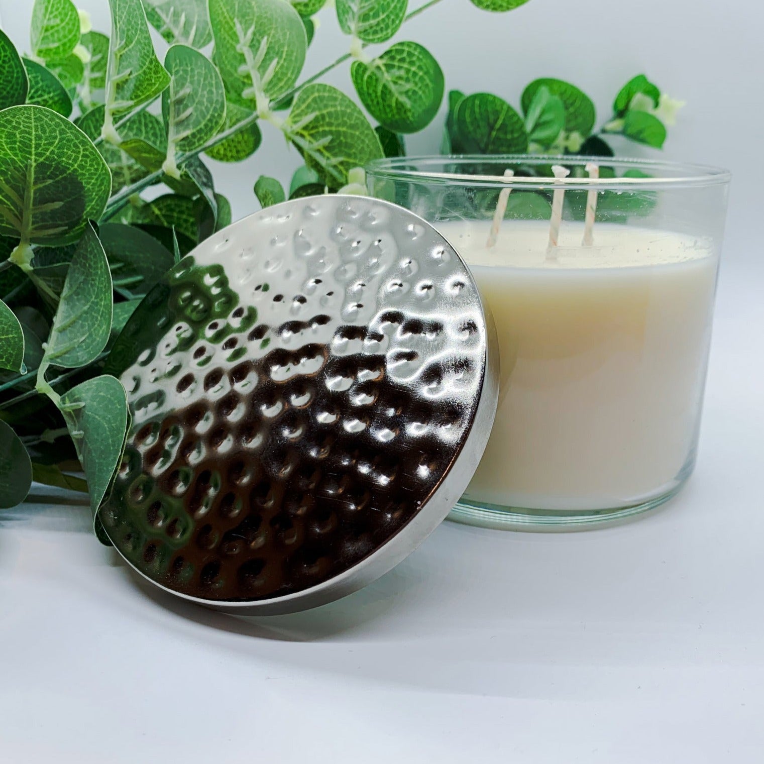 3-Wick Soy Candle 14.5oz Clear Glass Jar Silver Hammered Lid Hand-Poured USA