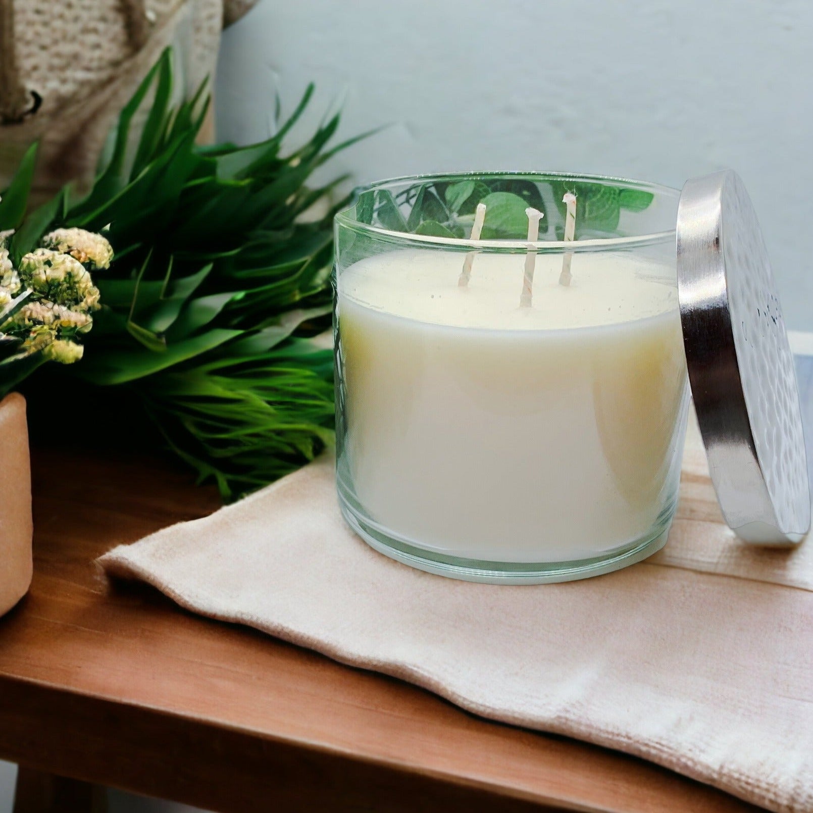 3-Wick Soy Candle 14.5oz Clear Glass Jar Silver Hammered Lid Hand-Poured USA