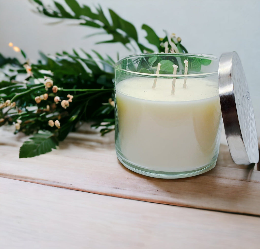 3-Wick Soy Candle 14.5oz Clear Glass Jar Silver Hammered Lid Hand-Poured USA