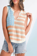 Beige USA Flag Notched Neckline Loose Knit Vest