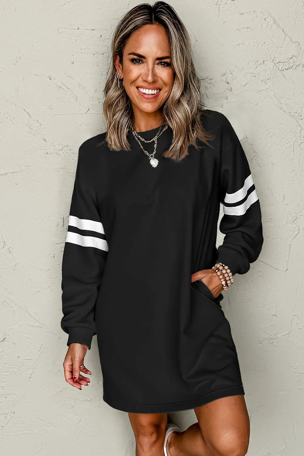 Black Preppy Striped Sleeve Loose Mini Dress