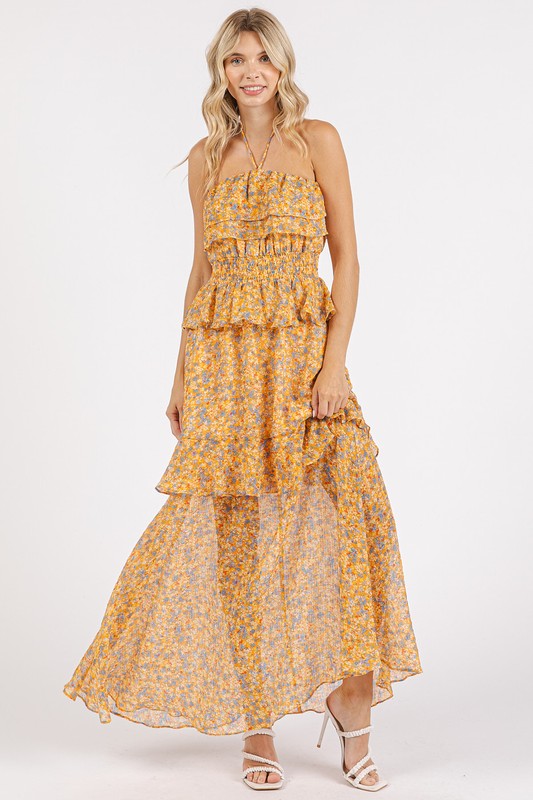 Ruffled Smocked Floral Halter Neck Maxi Dress – Elegant and Feminine Floral Maxi Dress with Smocked Waist and Ruffled Detailing