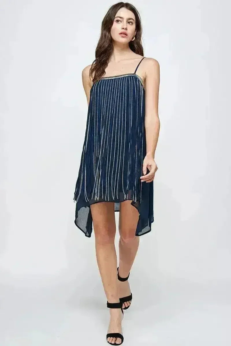 Metallic Fringe Sleeveless Mini Dress Flow - Femstylo