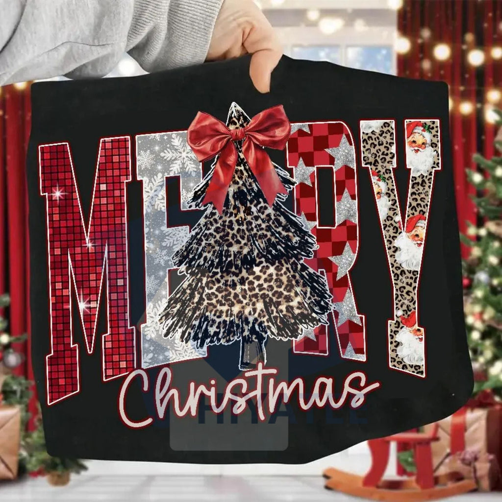 Coquette Merry Christmas Shirt: Checkered Star Leopard Letters