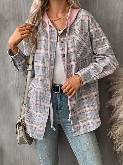 Plaid Buttoned Long Sleeve Hooded Jacket for Women – Cozy & Stylish Cotton-Blend Outerwear