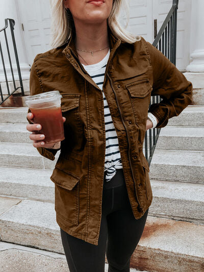 Retro Pocketed Long Sleeve Zip-Up Jacket Lightweight & Stylish Outerwear for Everyday Wear