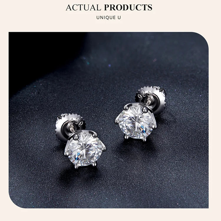 2Ct Moissanite Round Stud Earrings VVS1 D Color S925 Sterling Silver Screw Back