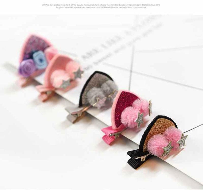2pcs/Set Cute Hair Clips For Girls Glitter Rainbow Felt Fabric Flowers Hairpins Cat Ears Bunny Barrettes Kids Hair Accessories for Halloween Parties Cosplay for Girls