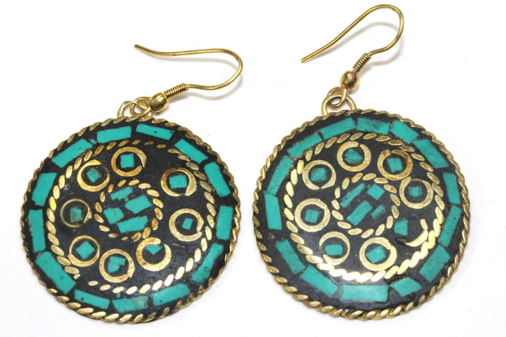 Handmade Mosaic Round Gold Tone Earrings With Color Inlay