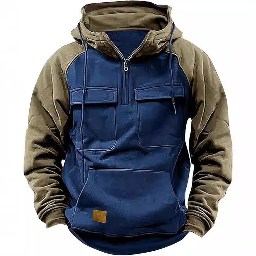 Fall Winter Retro Cargo Hoodies Men's Half Zipper Solid Warm Fleece Sweatshirts Multi Pockets Male Hooded Jackets Thick Outdoor Hooded
