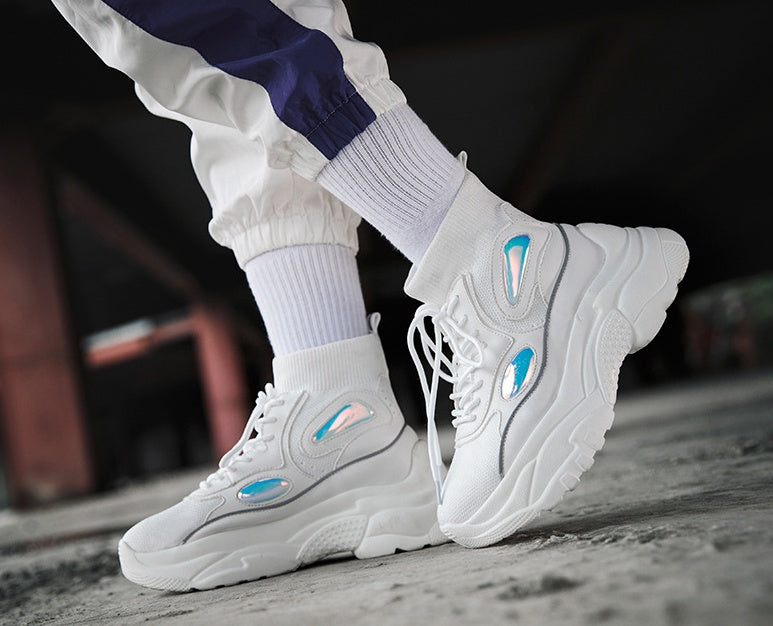 Thick bottom increase shoes couple high help flying woven white shoes platform shoes