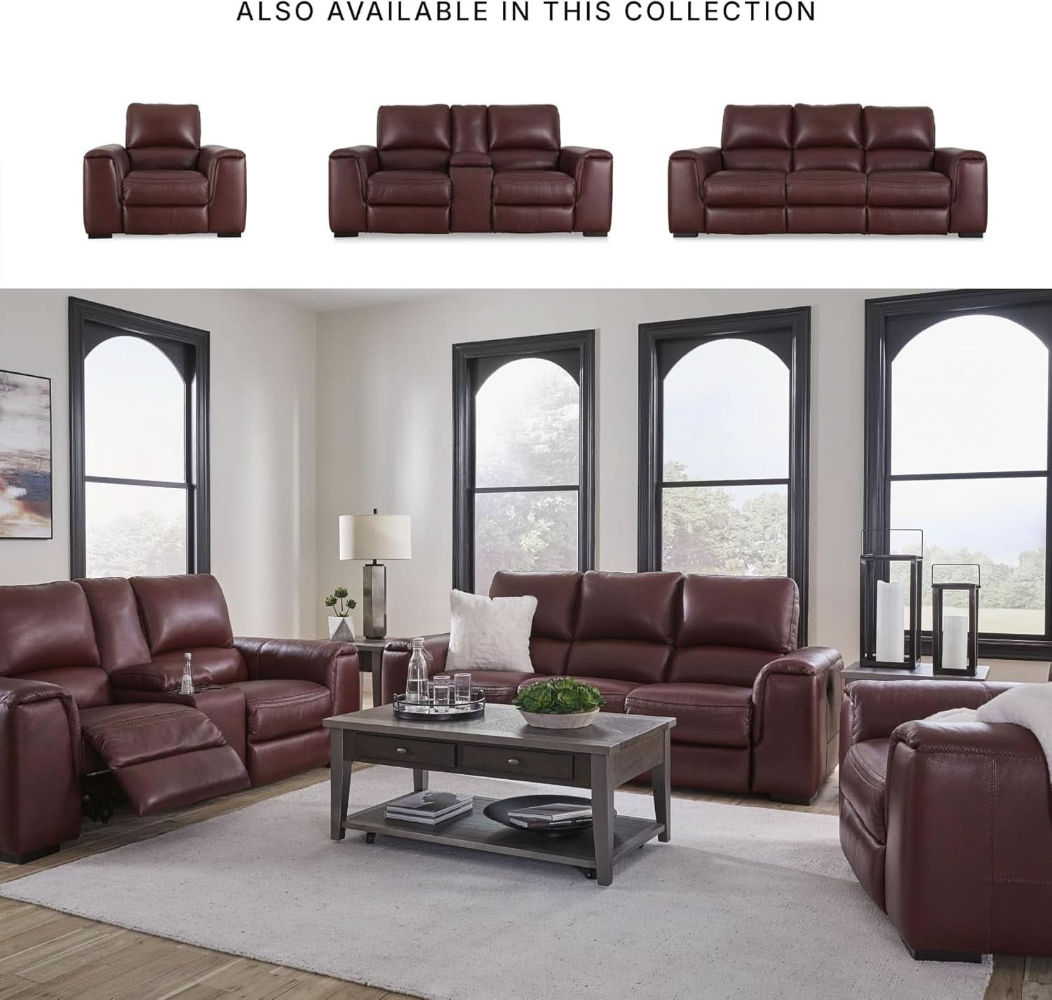 Garnet Leather Power Recliner Sofa Adjustable Headrest