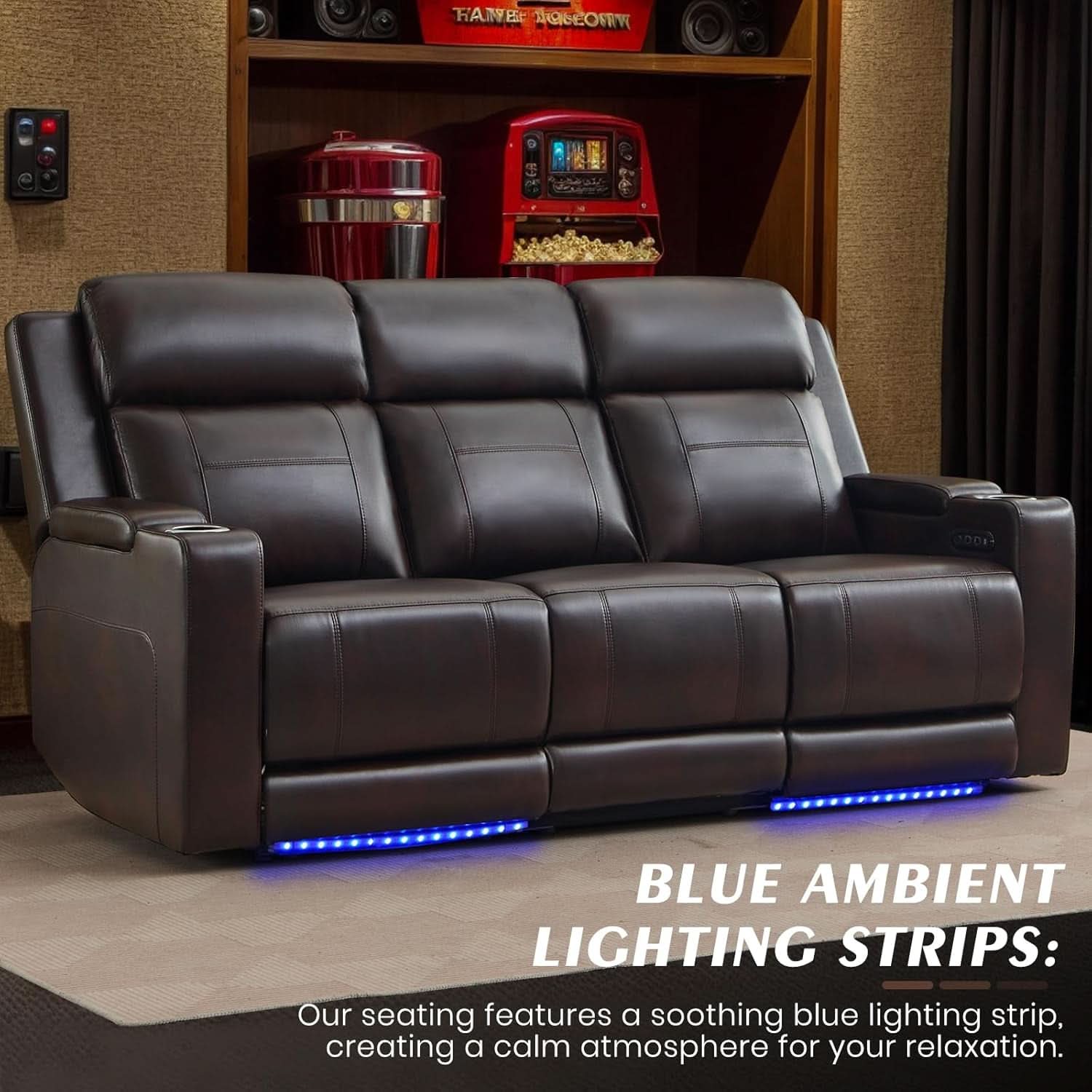 Brown Power Recliner Sofa Featuring Adjustable Headrest