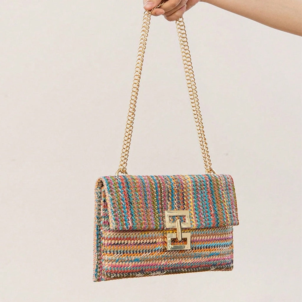 Bag ladies holiday shoulder bag, chain flip lock square purse, straw bag hobo shoulder bag women