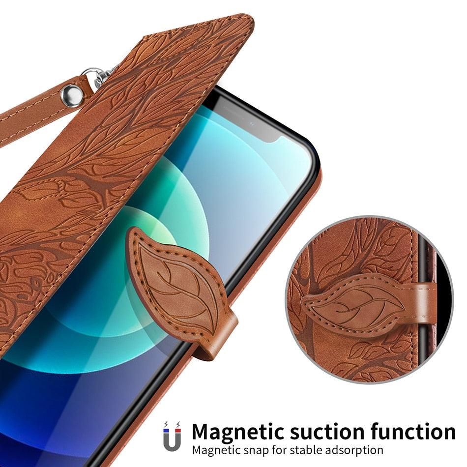 3D Tree Flip Leather Case For iPhone 13 12 Mini Phone Cover PU Leather Wallet Case with Card Holder Kickstand Wrist Strap Flip Cover for iPhone