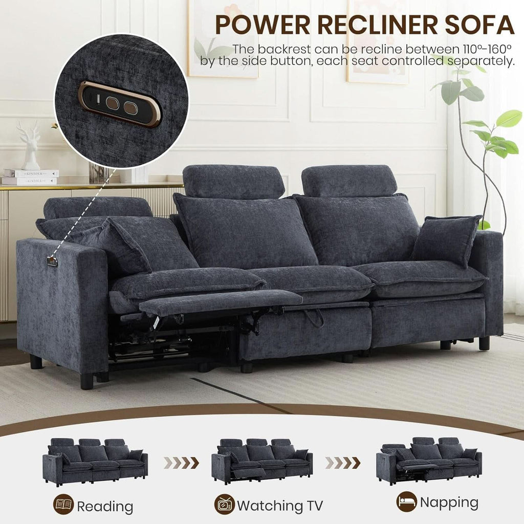 Grey Power Reclining Sofa With Ultraadjustable Headrest