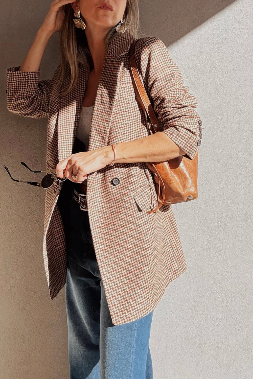 Brown Houndstooth Lapel Collar Blazer | Femstylo