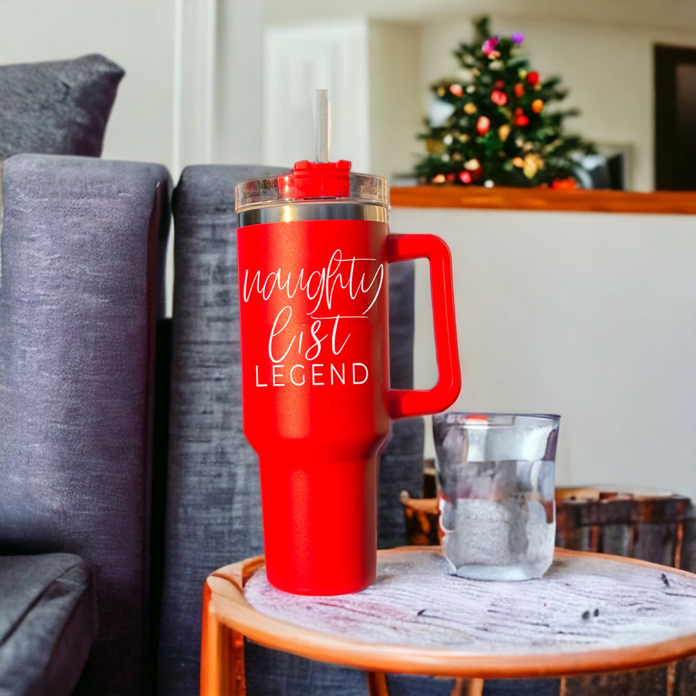 40oz Insulated Christmas Tumbler Red Mug With Handle Lid Straw Naughty Legend