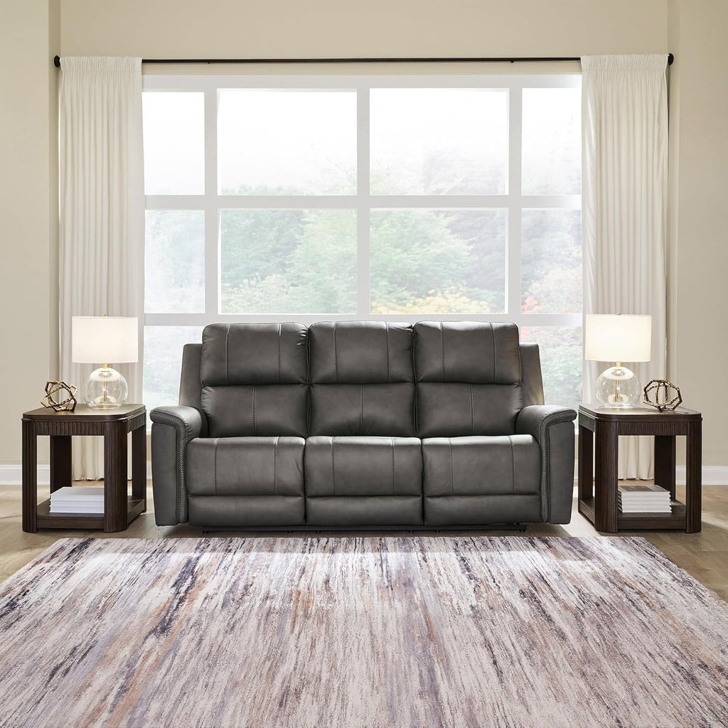Gray Leather Adjustable Headrest Power Reclining Sofa