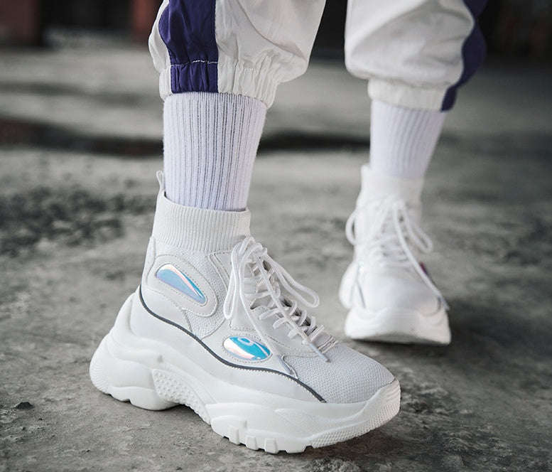 Thick bottom increase shoes couple high help flying woven white shoes platform shoes