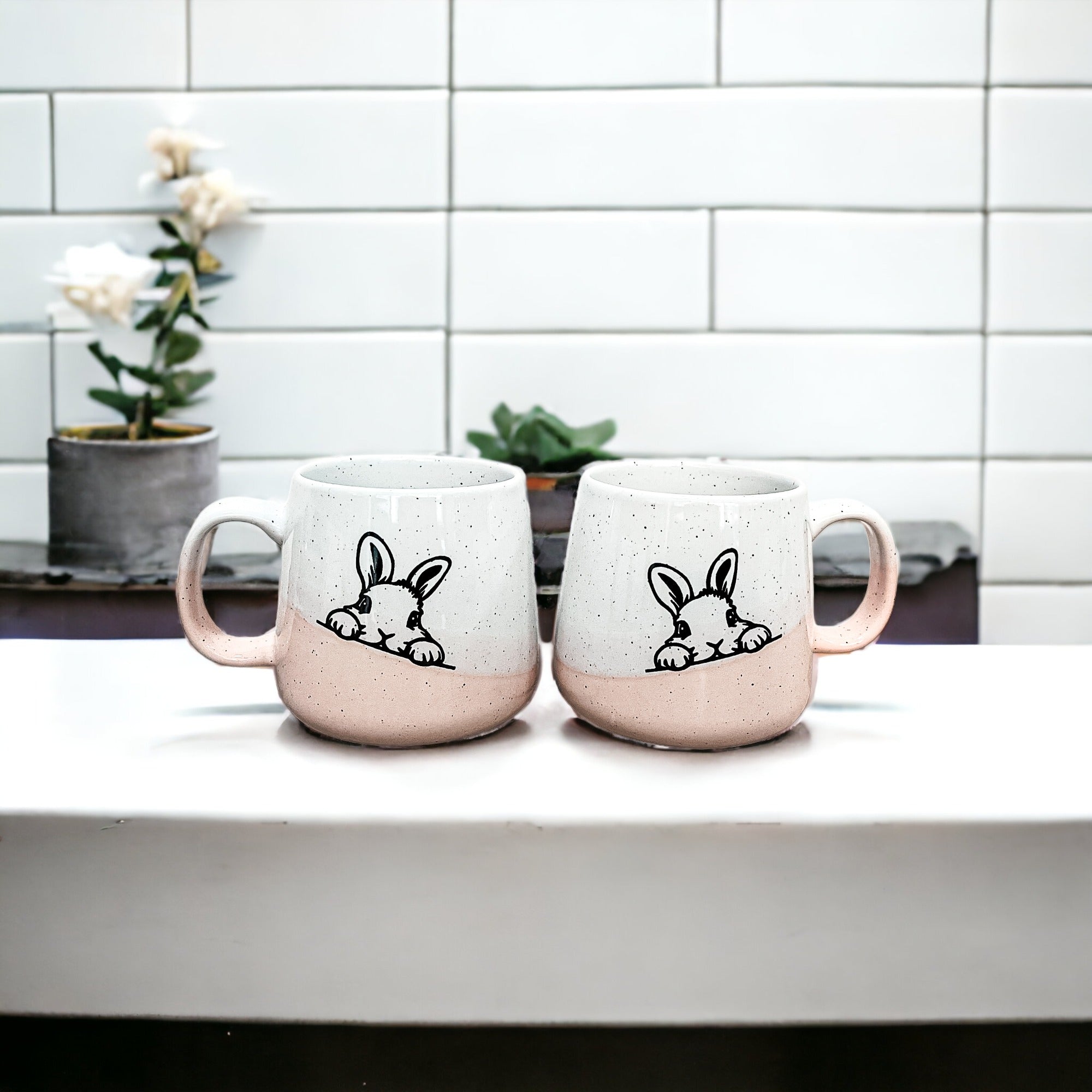 Farmhouse Ceramic Bunny Mug Hand-Painted Ivory With Pastel Pink Base, 12 Oz