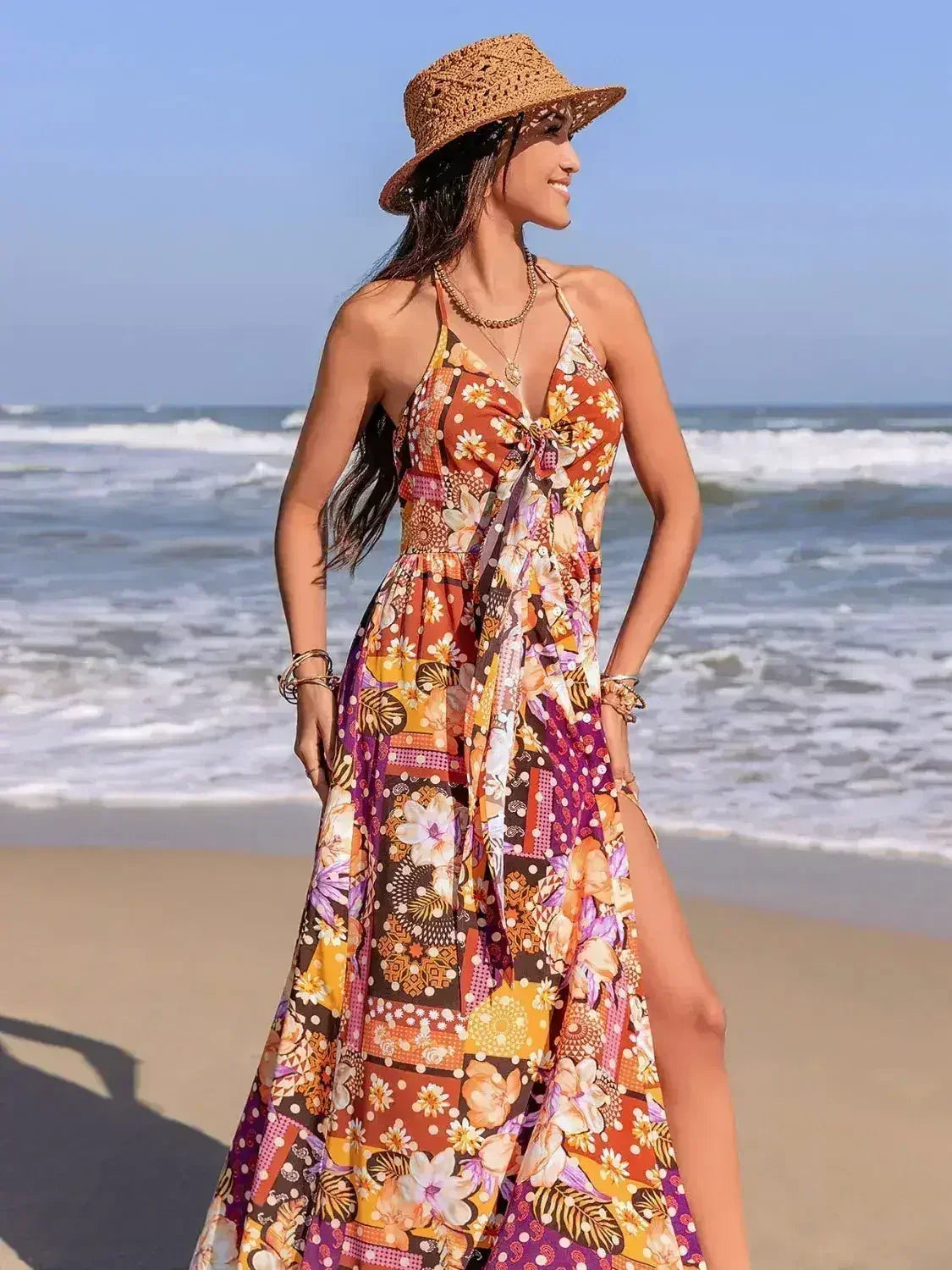 Slit Printed Halter Neck Cami Dress