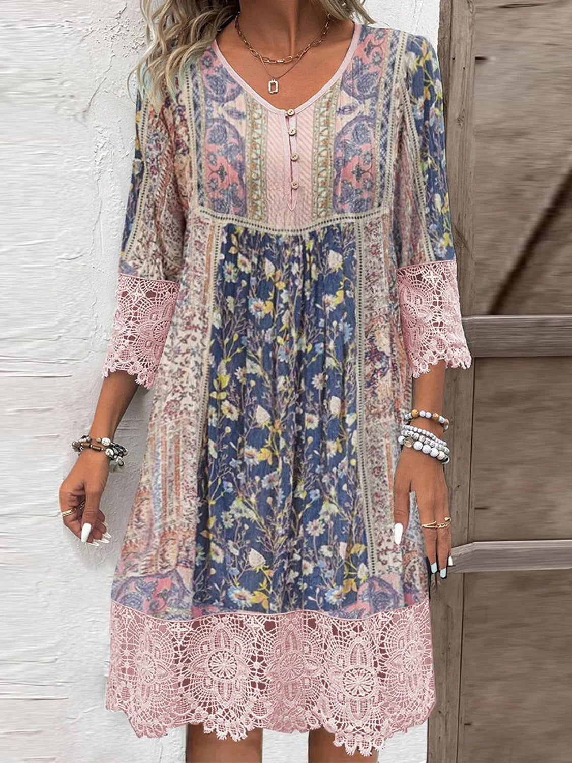 Blush Pink Elegant Full-Size Lace Detail Dress Printed Sleeve Midi Dress for Women