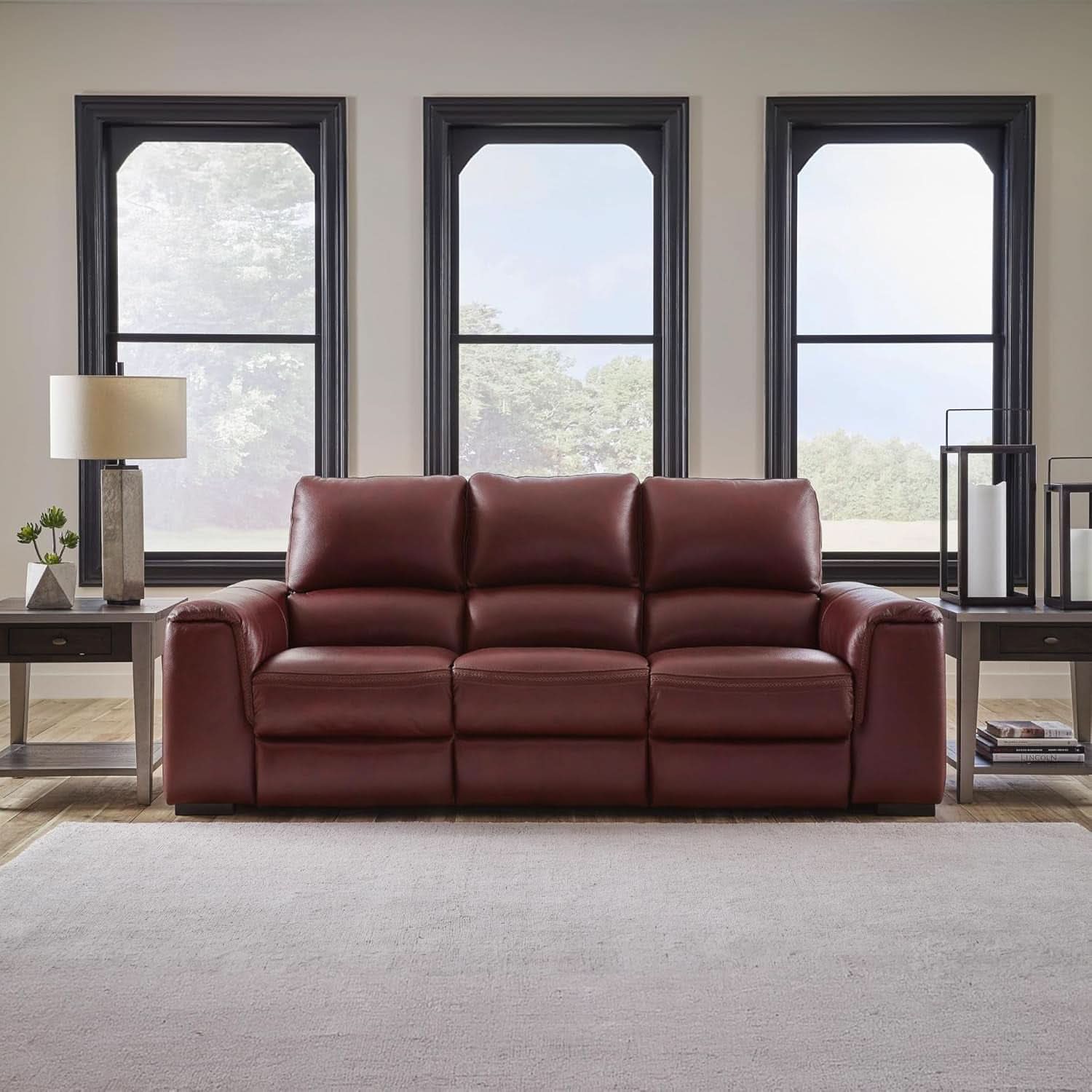 Garnet Leather Power Recliner Sofa Adjustable Headrest