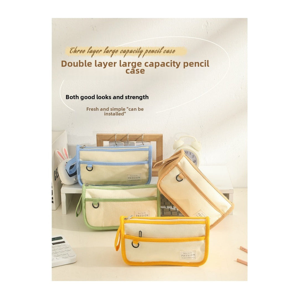 Color Matching Large-Capacity Canvas Pencil Case - Double-Layer Simple Design for Student Stationery Box