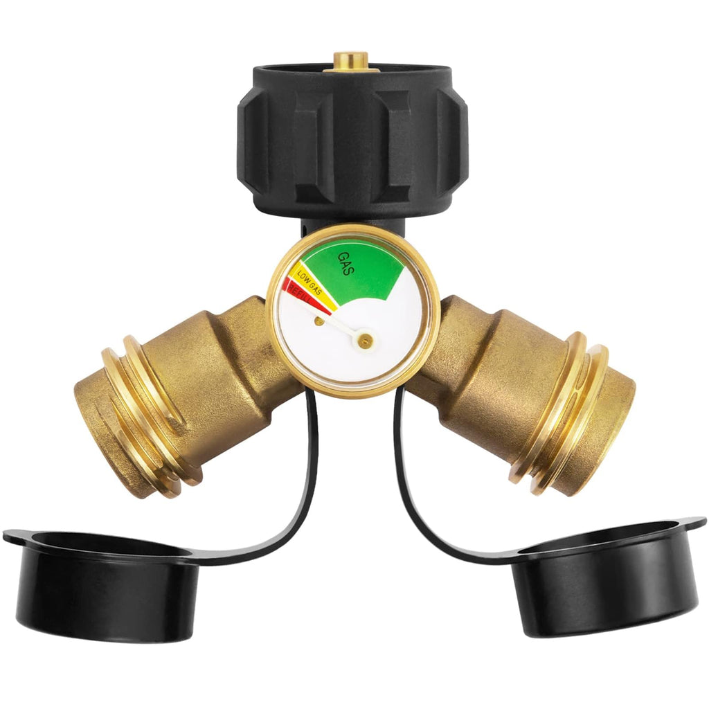 GASPRO Propane Splitter & Gauge, 2-Way for 5-20LB Tanks, Heaters, Stoves, Grills