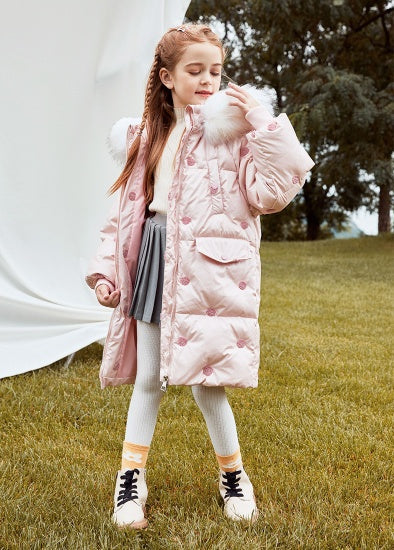 Children's Thickened Korean Large Fur Collar Medium Length Down Jacket